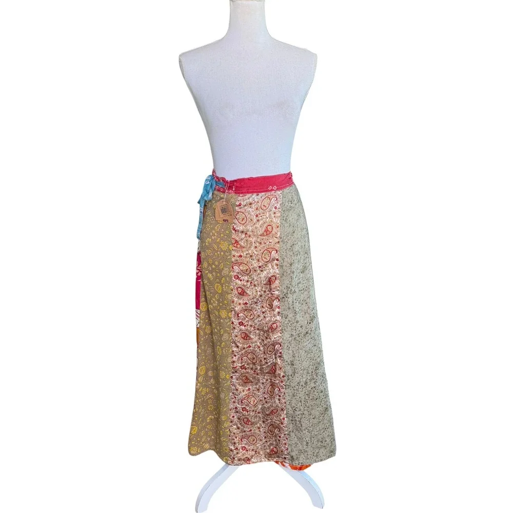 Reversible Silk Blend Patchwork Wrap Maxi Skirt Recycled Sari Boho NEW